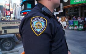 NYPD officer stands guard in Times Square Manhattan patrol