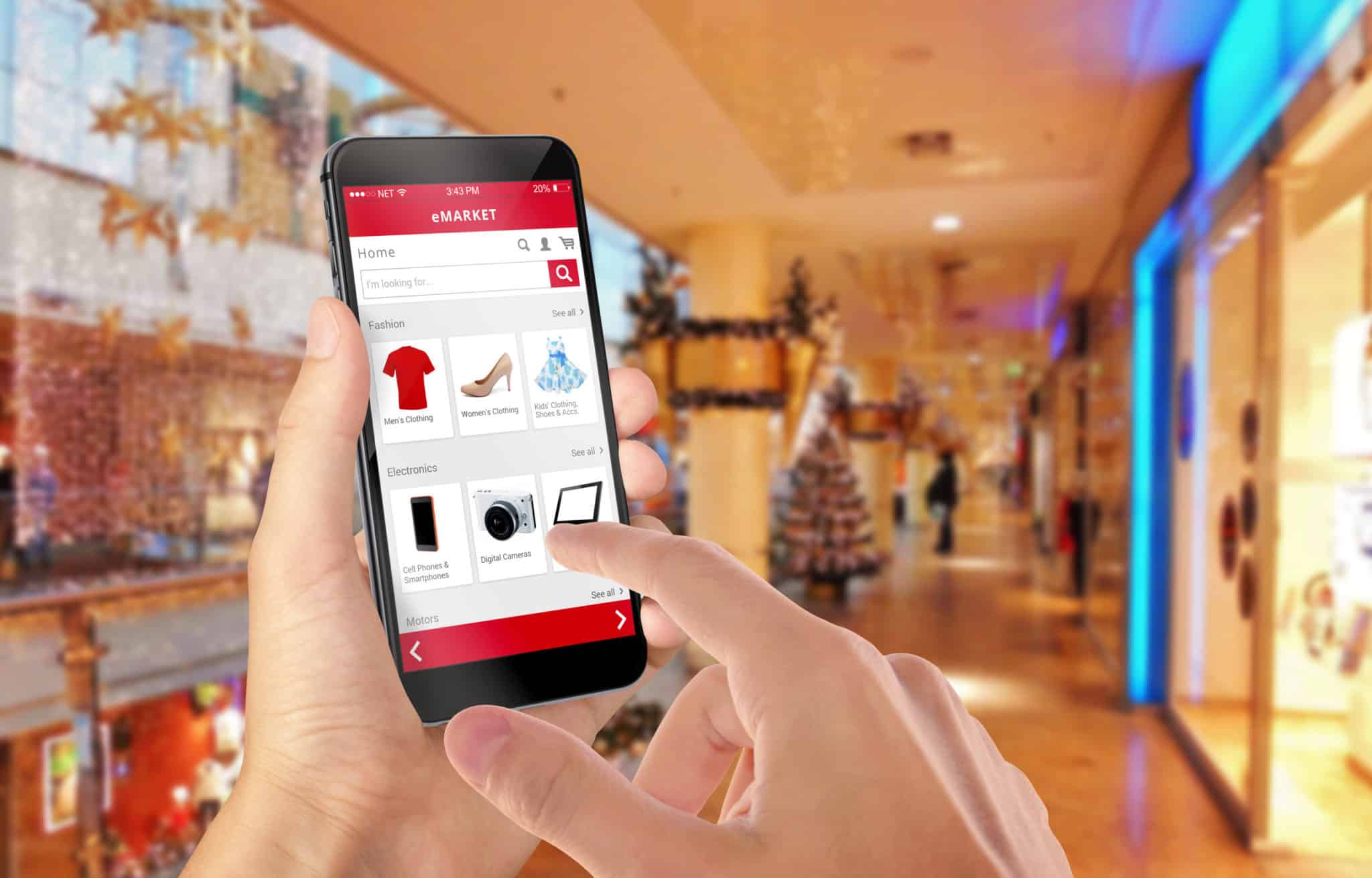 Smart phone online shopping in man hand during Christmas